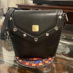 MCM Black Leather Shoulder Bag with Silver Accents